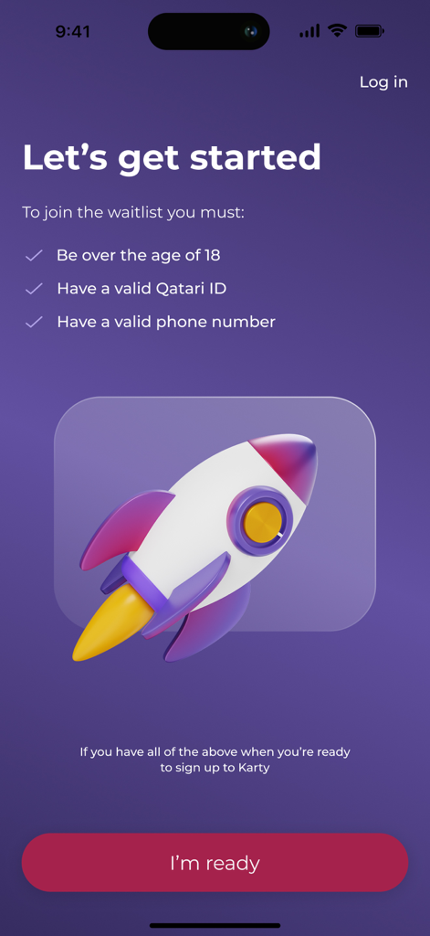 Karty mobile app onboarding screen showing waitlist requirements and a colorful 3D rocket illustration