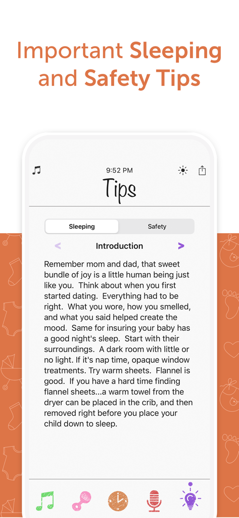 White Noise Baby app interface showing sleeping and safety tips for new parents