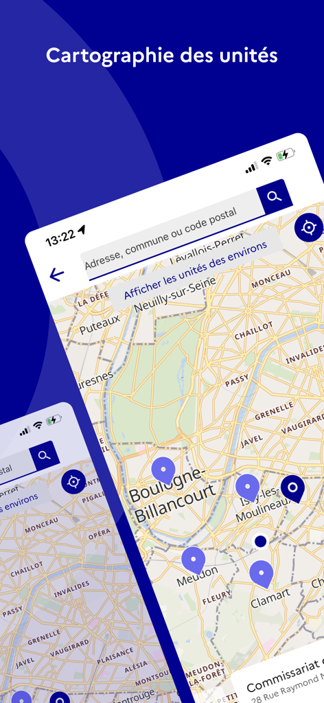 Map view of the Ma Securite app showing locations of police and gendarmerie stations in the Paris area.