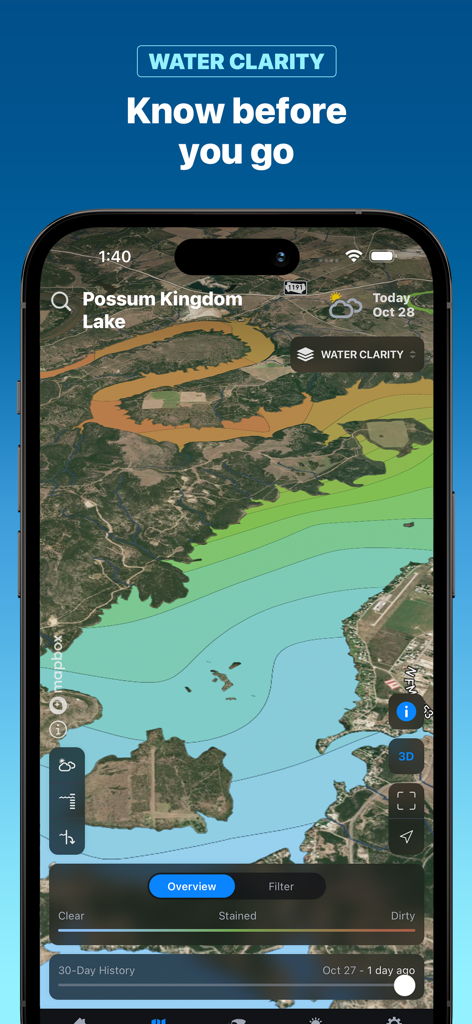 Deep Dive bass fishing app water clarity map showing lake conditions for anglers