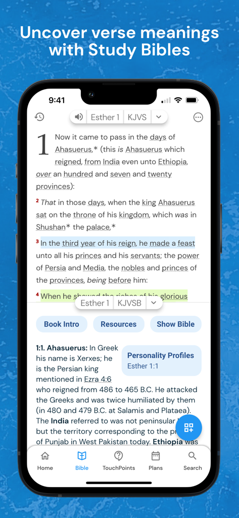 Holy Bible King James + Audio - スマートフォン画面に、欽定訳聖書のテキストと、聖句の深い分析のための学習ノートが統合された聖書アプリが表示されている