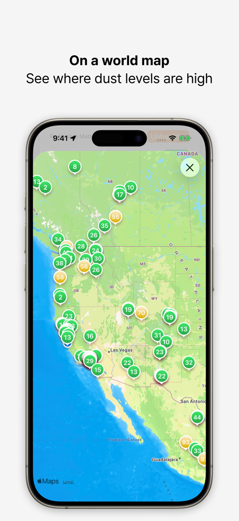 La aplicación Dusty muestra un mapa global de calidad del aire con pines de colores en un iPhone