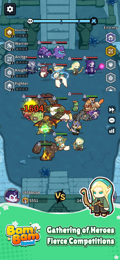 Bam Bam Squad strategy battle screen showing heroes in combat