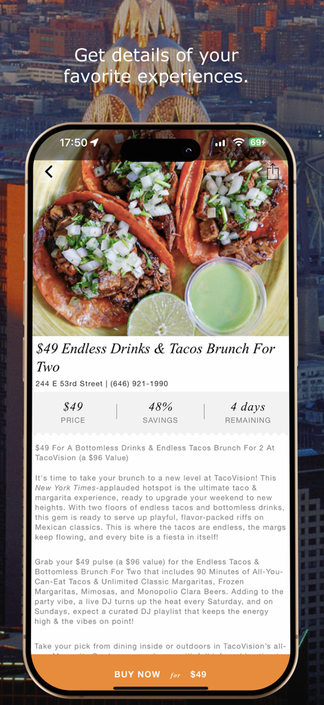 pulsd - The Best of New York - Pulsd app interface showing a discounted endless drinks and tacos brunch deal for two in New York City