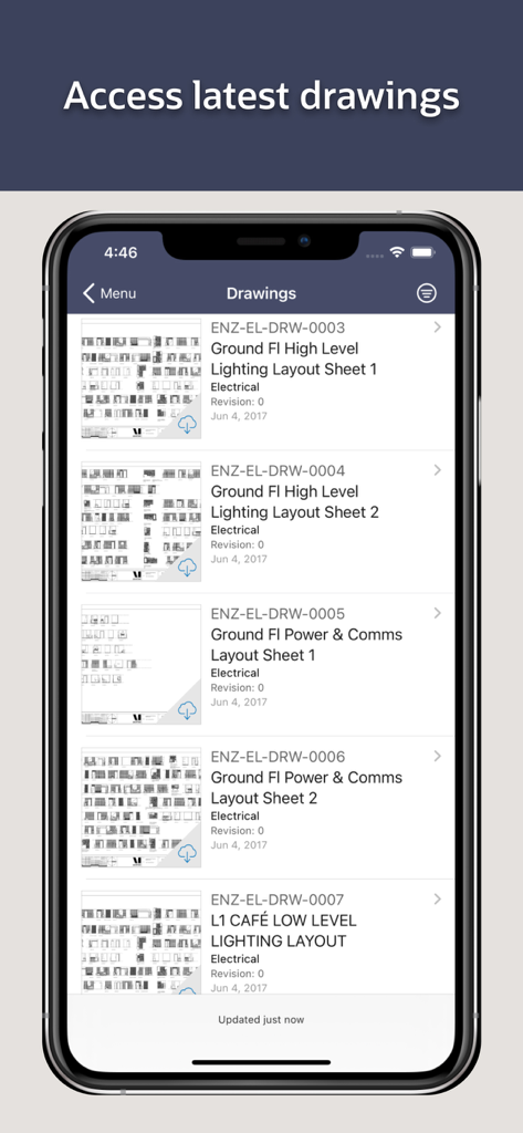 Oracle Aconex - A mobile interface showing a list of construction project drawings and lighting layout sheets within the Oracle Aconex app.