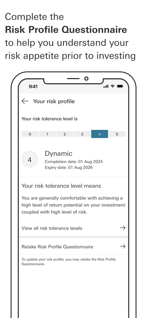 HSBC Malaysia - A mobile interface showing an investment risk profile level in the HSBC Malaysia app