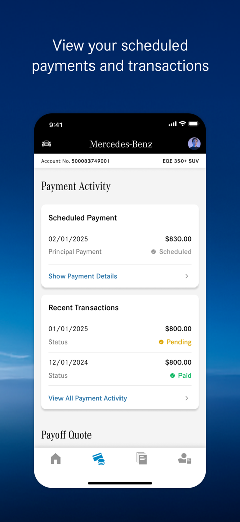 Mercedes-Benz Finance (USA/CA) - 車両アカウントのスケジュールされた支払いと最近の取引履歴を示すメルセデス・ベンツ・ファイナンス・アプリのインターフェース