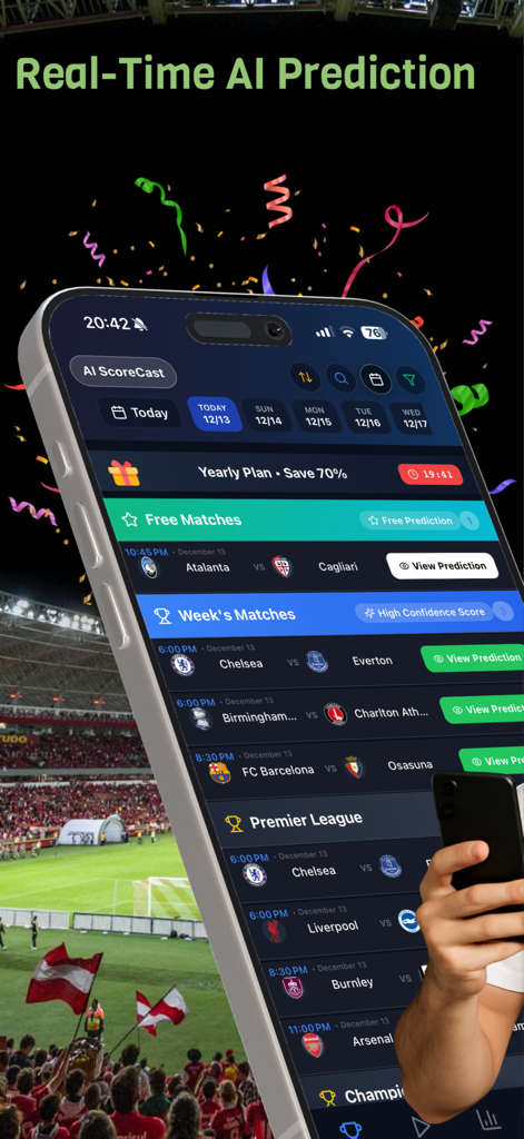 Mobile Benutzeroberfläche von AI ScoreCast PRO mit Echtzeit-Fußballspielvorhersagen und Analysen.