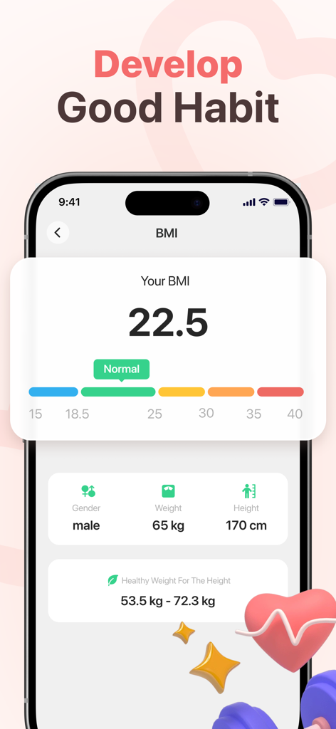 ACE Blood Pressure Monitor - Calculadora de IMC de la aplicación Monitor de Presión Arterial ACE que muestra un resultado normal de 22.5 con detalles de peso y altura