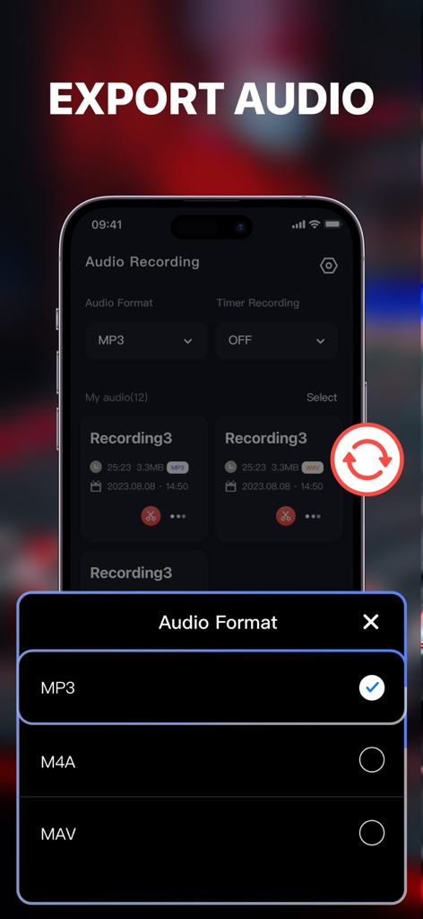 Dictaphone - Voice Recorder . - Selection of audio formats like MP3 and M4A for exporting recordings in the Dictaphone app