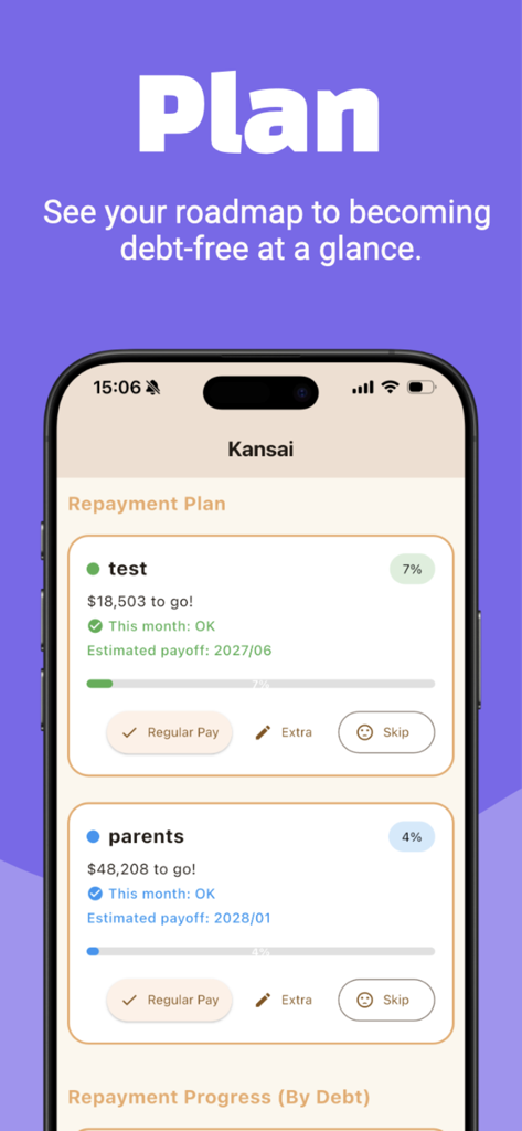 Kansai – Debt Manager - Kansai app screen showing a debt repayment roadmap with visual progress bars and estimated payoff dates.