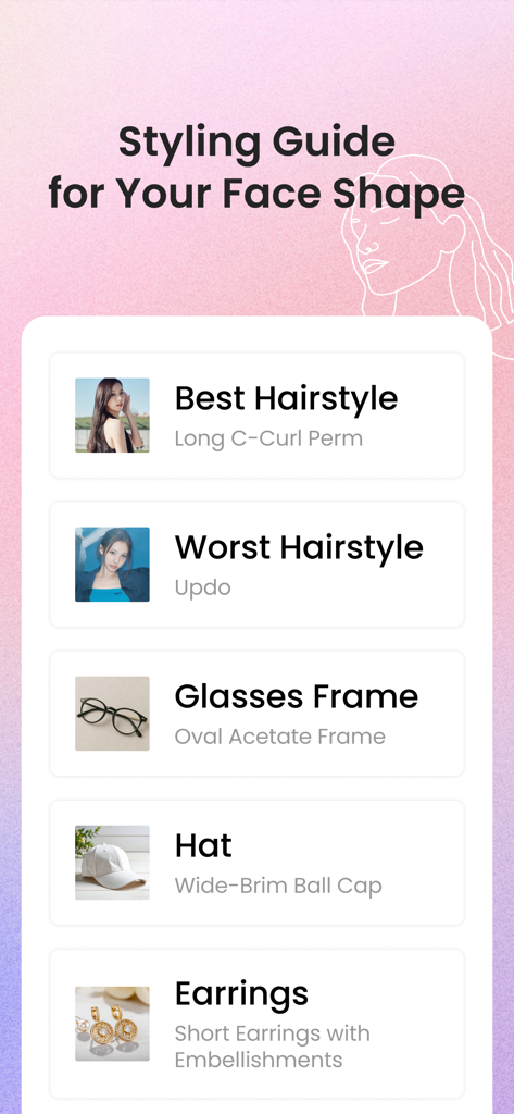 Seoul Beauty Lab: Face & Body - A personalized styling guide for face shapes showing recommendations for best hairstyles, glasses, hats, and accessories.