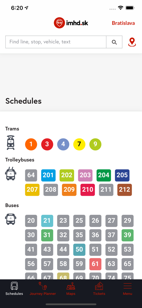 Fahrplan-Bildschirm der App imhd.sk für Bratislava, der farbkodierte Liniennummern für Straßenbahnen, Oberleitungsbusse und Busse zeigt.