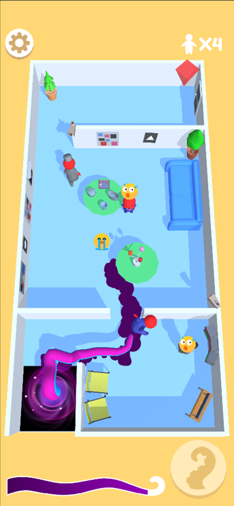 A pink tentacle emerging from a dark portal to capture characters in a minimalist 3D house level.