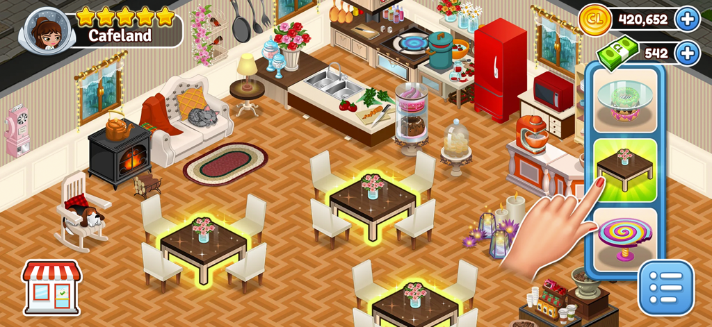 Cafeland - Restaurant Cooking - A player customizing their restaurant in Cafeland with furniture options and a cozy kitchen layout.