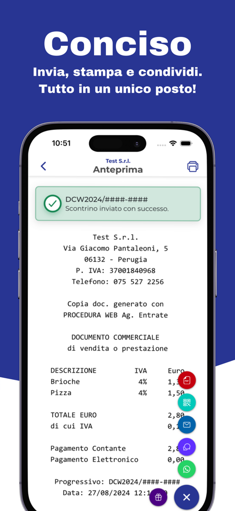 CassApp Scontrino Elettronico - A smartphone screen displaying a digital receipt preview with options to share via PDF email and messaging