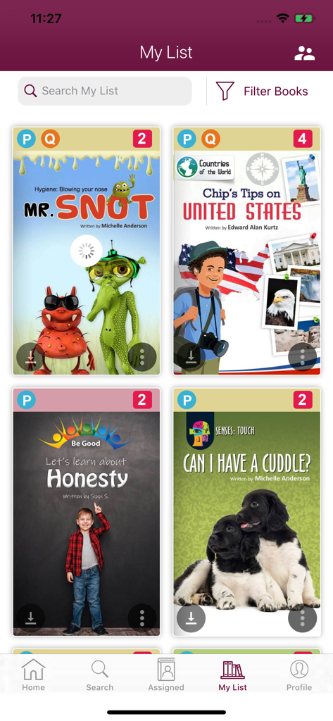 A personalized library of educational children books displayed in the Smart Kidz Smart Classroom app interface.
