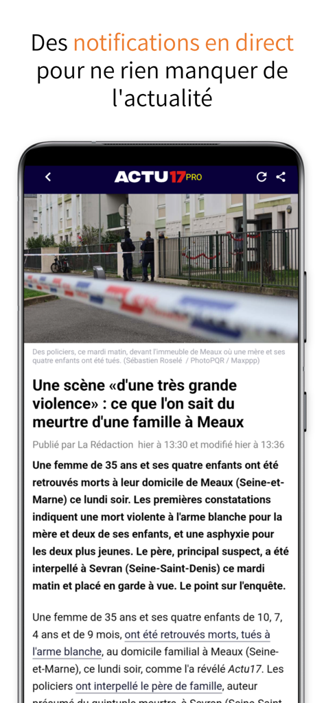 A detailed news report on the Actu17 app showing a crime scene and police investigation details.