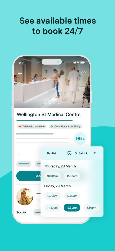 Healthengine - Healthengine app interface showing 24/7 online booking for a dentist at a medical centre