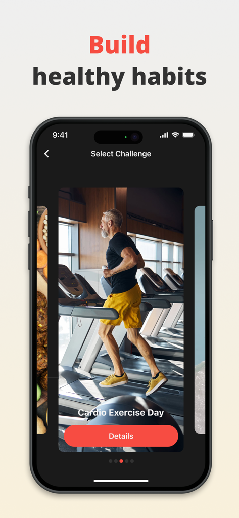 Kegel Master: men’s exercises - Mobile App-Oberfläche, die eine Cardio-Übungsherausforderung zum Aufbau gesunder Gewohnheiten zeigt