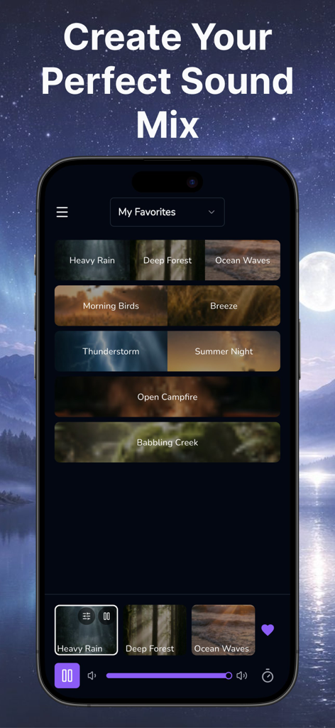 White Noise - Driftly - Driftly app interface showing the advanced sound mixer for creating custom sleep soundscapes with nature recordings
