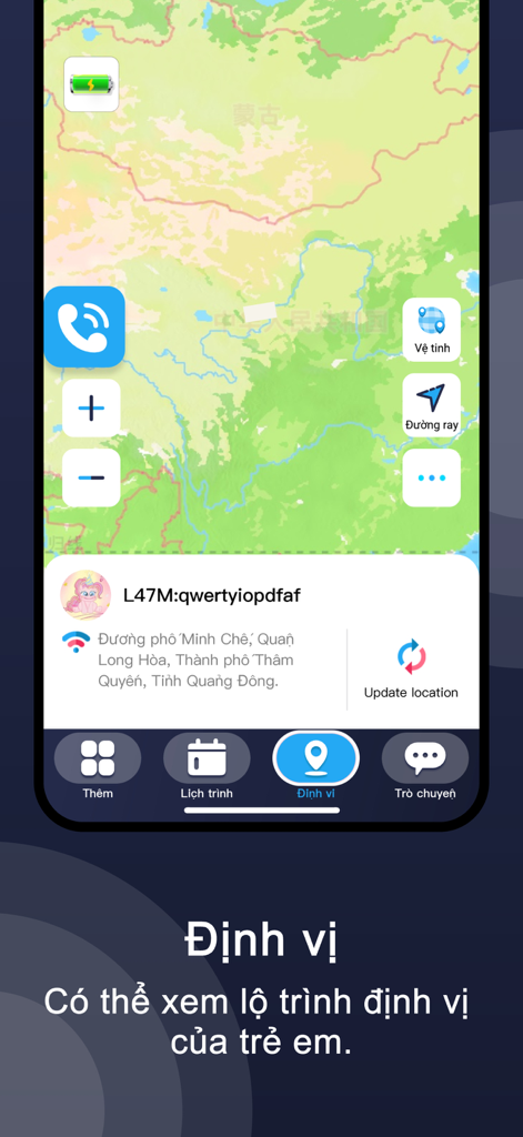 KIDCARE VN - Mobile app screen showing a map with a child's location and tracking features.