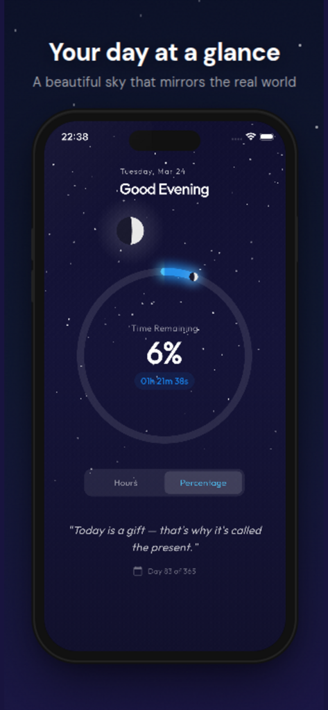 Daycent - Day Progress Tracker - Minimalist interface of Daycent app showing 6 percent of the day remaining with a starry night theme