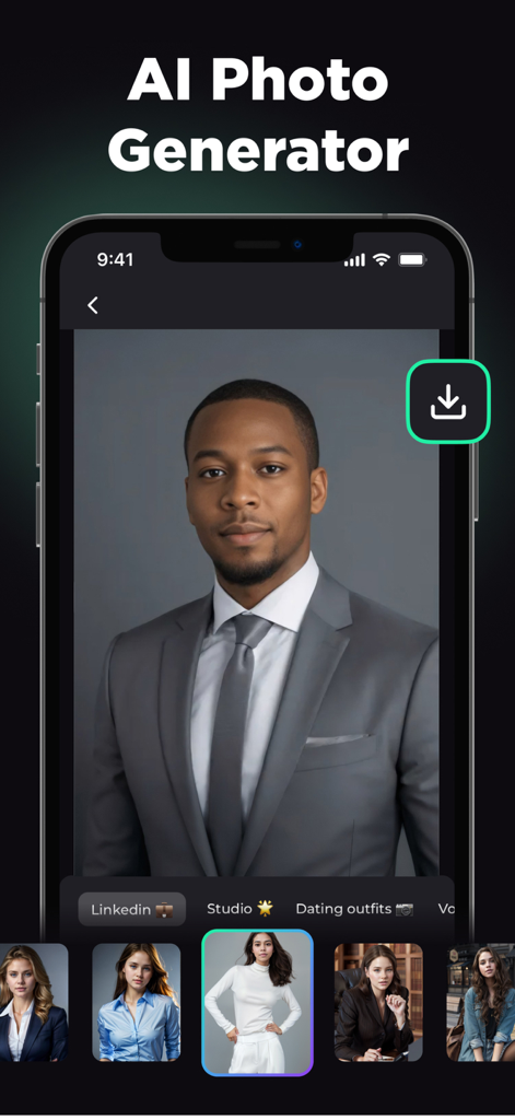 Professional Headshot - AI - Interfaz de una aplicación móvil que muestra un retrato profesional generado por IA de un hombre con traje