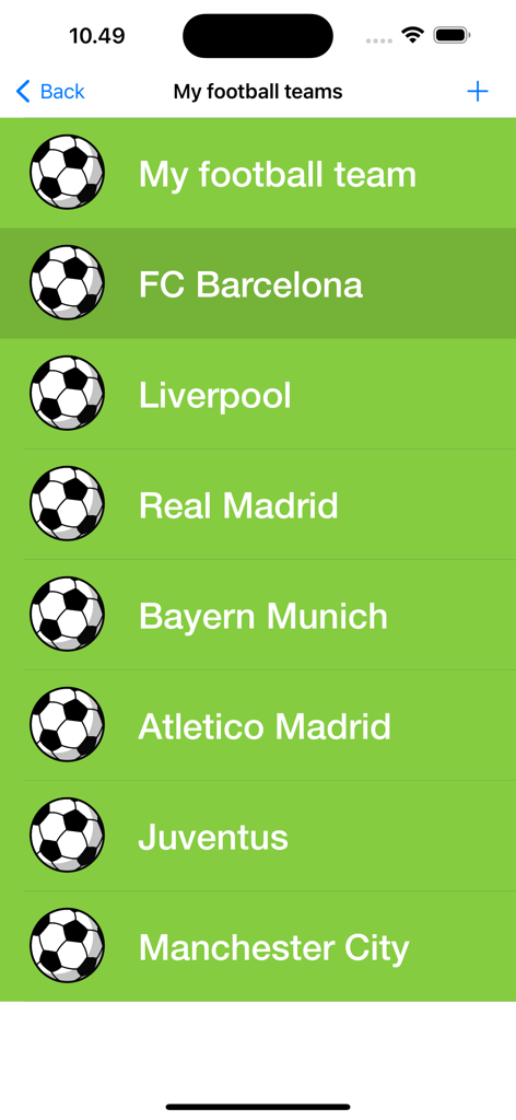 A list of football clubs including FC Barcelona and Liverpool in the My Football Teams app
