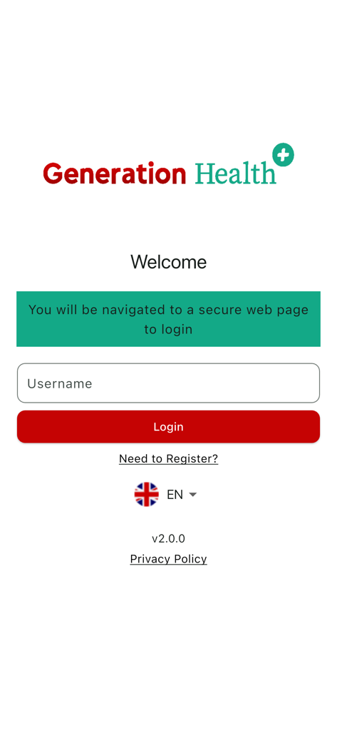 Generation Health - Login screen of the Generation Health medical aid app