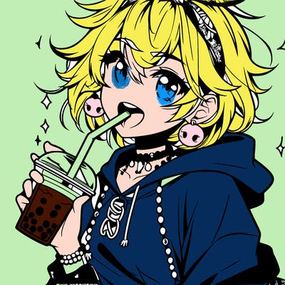 hot baddie anime girl drinking boba and biting the straw