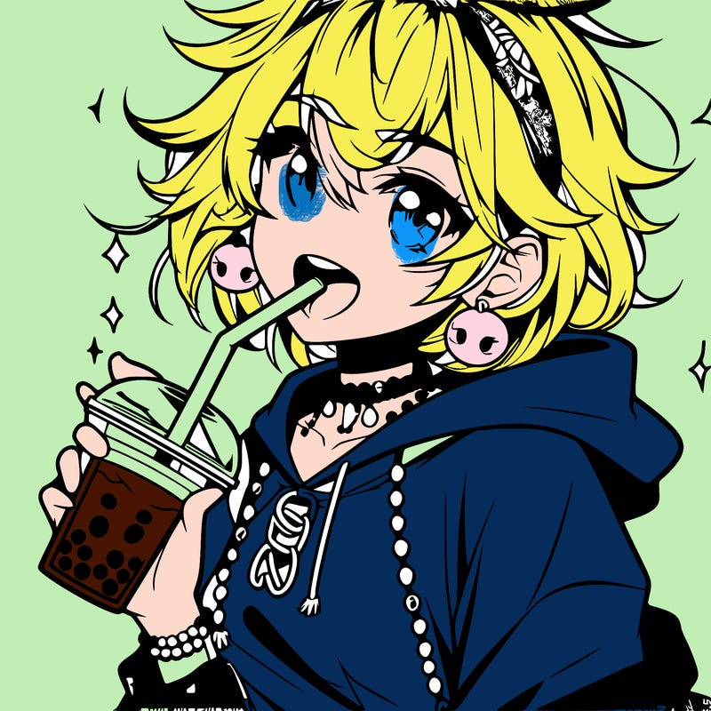 hot baddie anime girl drinking boba and biting the straw