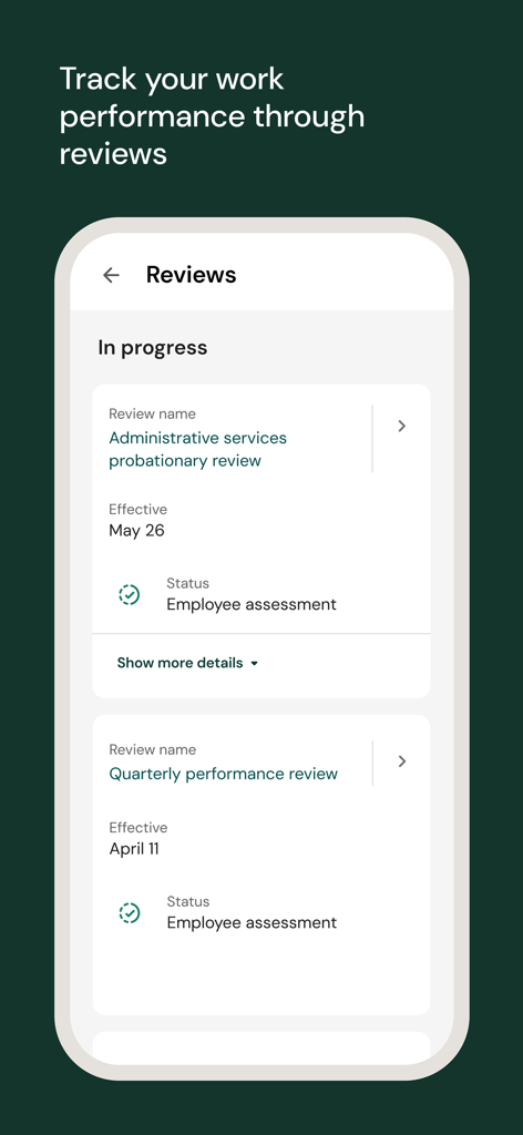 UKG Pro - Performance review tracking screen in the UKG Pro app showing employee assessments in progress.