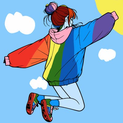 realistic girl jumping with a bun and oversized sweatshirt
