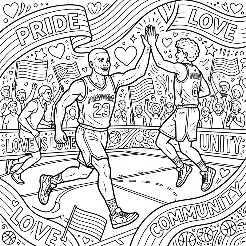 Join dynamic NBA small forwards as they celebrate Pride Month in this exciting coloring page. Express your creativity and support for love, diversity, and community with every stroke of color.