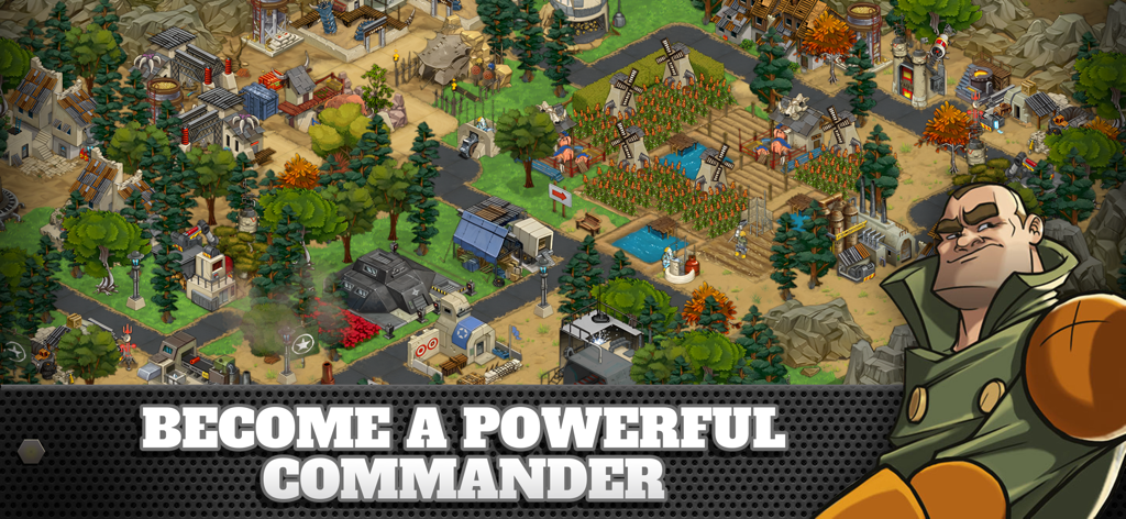 Isometric view of a military base in Battle Nations with a character portrait and text saying become a powerful commander