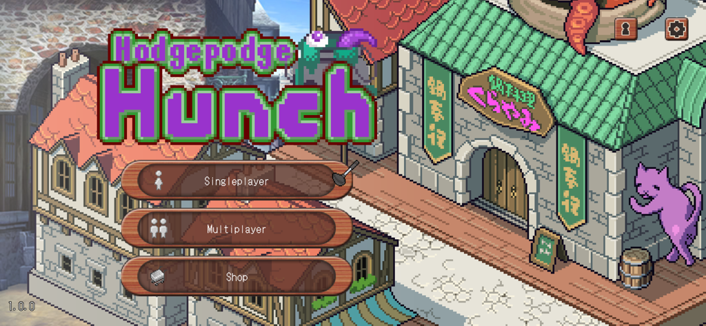 Hodgepodge Hunch - Main menu of the mobile game Hodgepodge Hunch featuring pixel art village scenery and game mode buttons.