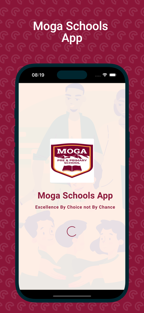 Pantalla de inicio de Moga Schools App mostrando el logotipo de la escuela y el lema Excelencia Por Elección no Por Casualidad.
