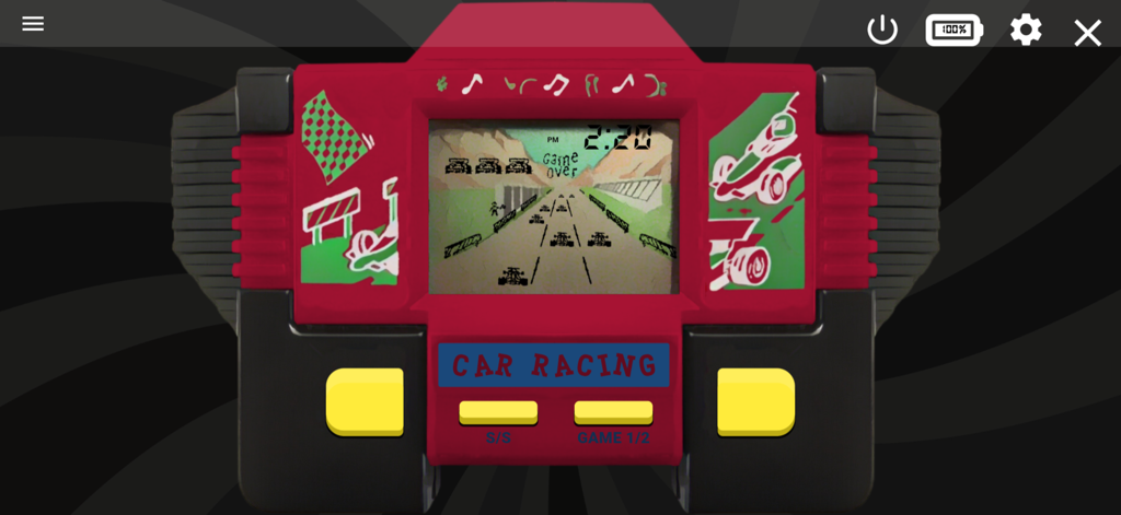 Mini Games Retro 90's - Console de jeu électronique portable rétro des années 90, rouge, avec un jeu de course automobile affiché à l'écran