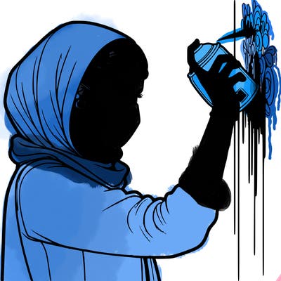 realistic girl with mask spray painting a wall