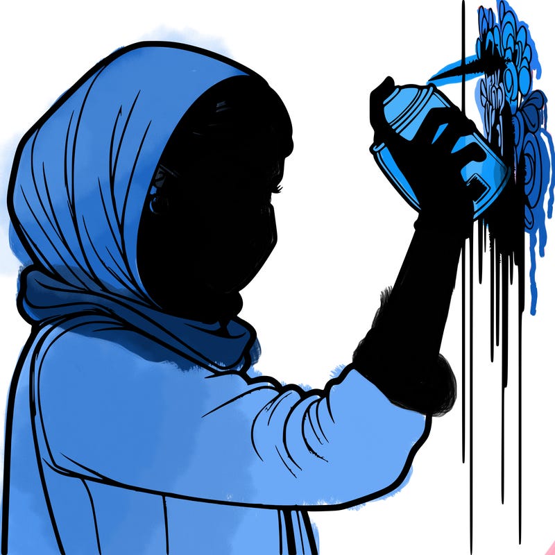 realistic girl with mask spray painting a wall