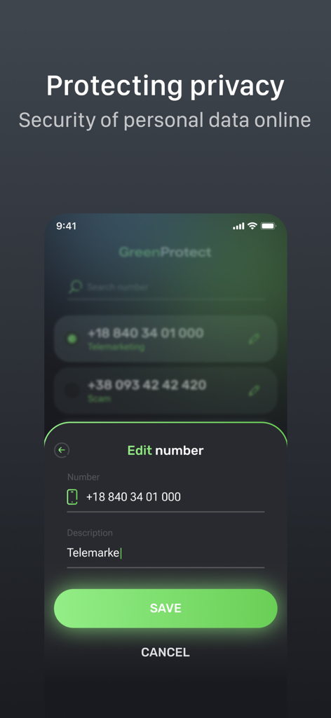 VPN PRO - Unlimited Protection - Interfaccia dell'app VPN PRO che mostra come bloccare un numero di telefono di telemarketing.