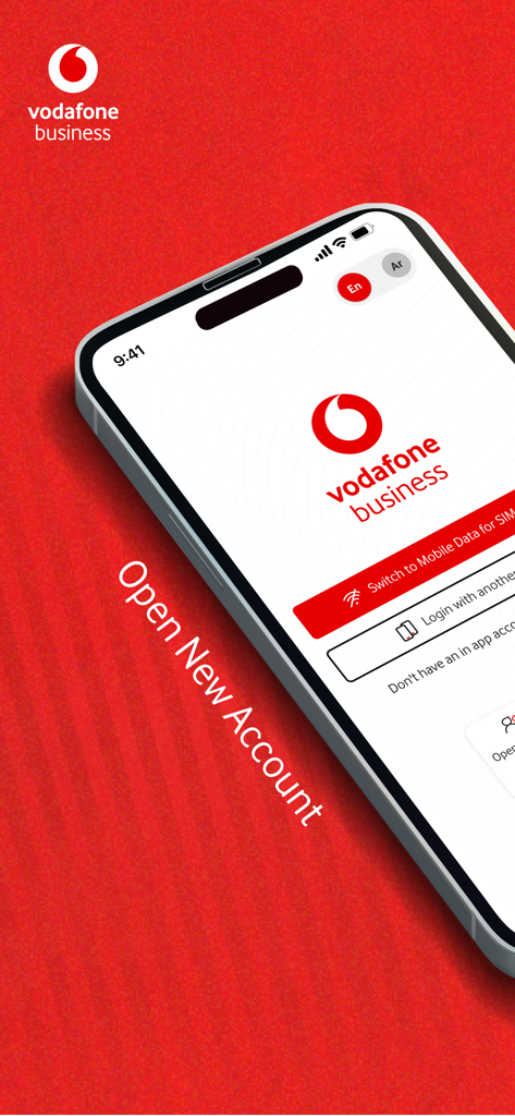 A smartphone displaying the Vodafone Business app login screen with the text Open New Account on a red background