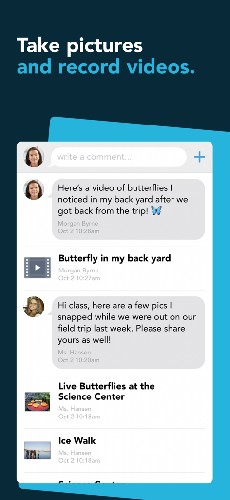 Capture d'écran de l'application Showbie montrant un élève et un enseignant partageant des photos et des vidéos de papillons dans une interface de chat de classe