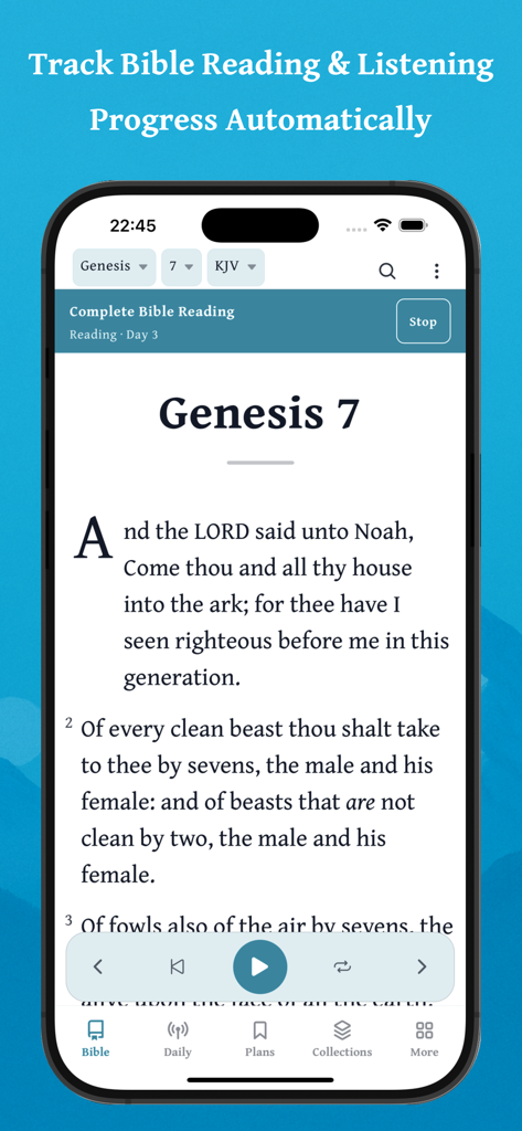 Daily Bible - Offline & Audio - Daily Bible app interface showing scripture reading with automatic progress tracking and audio playback controls