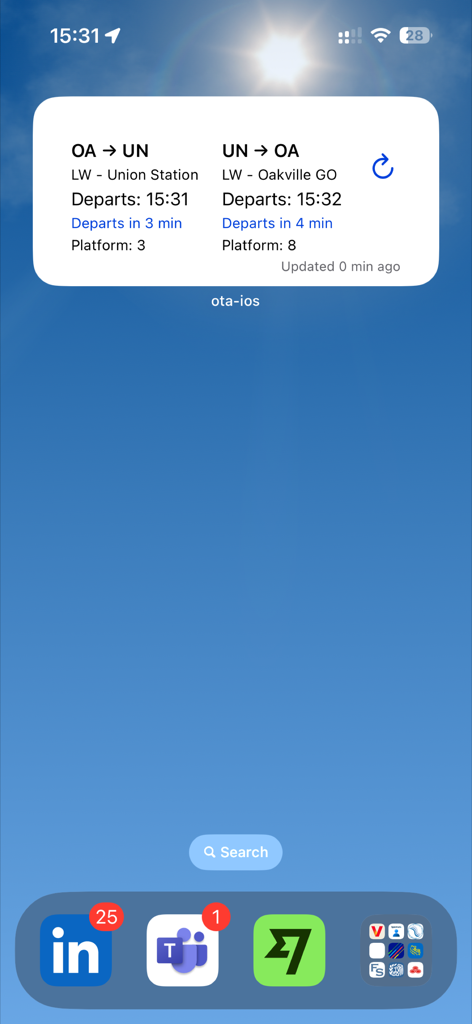 OntarioTransit departure times home screen widget showing live GO train platform info and countdowns