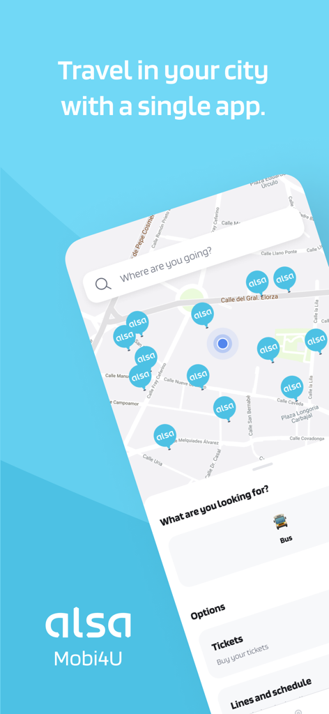 Interfaz de la aplicación Alsa Mobi4U con un mapa interactivo que muestra paradas de autobús y opciones de planificación de viajes