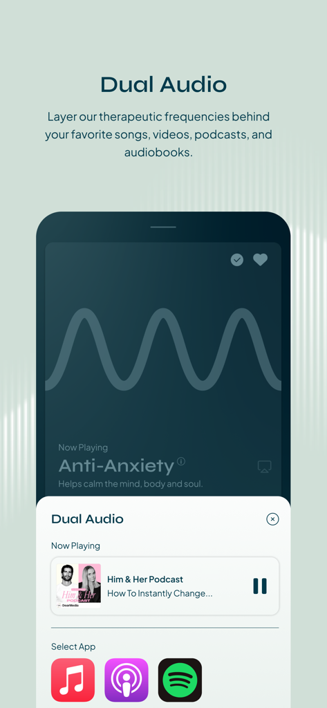 Soaak - Interface of the Soaak app demonstrating the Dual Audio feature to listen to sound frequencies while playing podcasts.