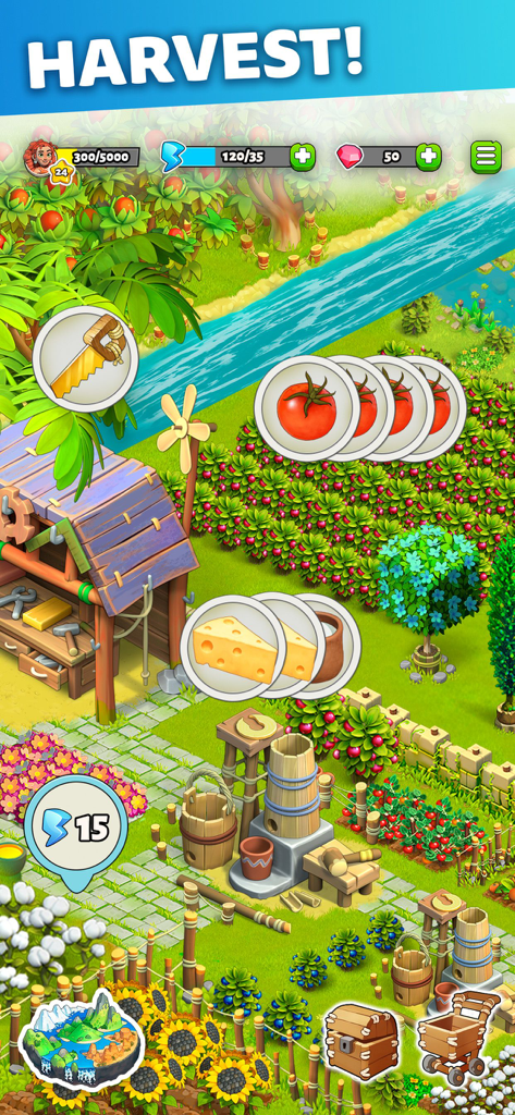Family Island — Farming game - A vibrant top-down view of a Stone Age farm island featuring harvestable crops like tomatoes and crafting stations near a blue river.