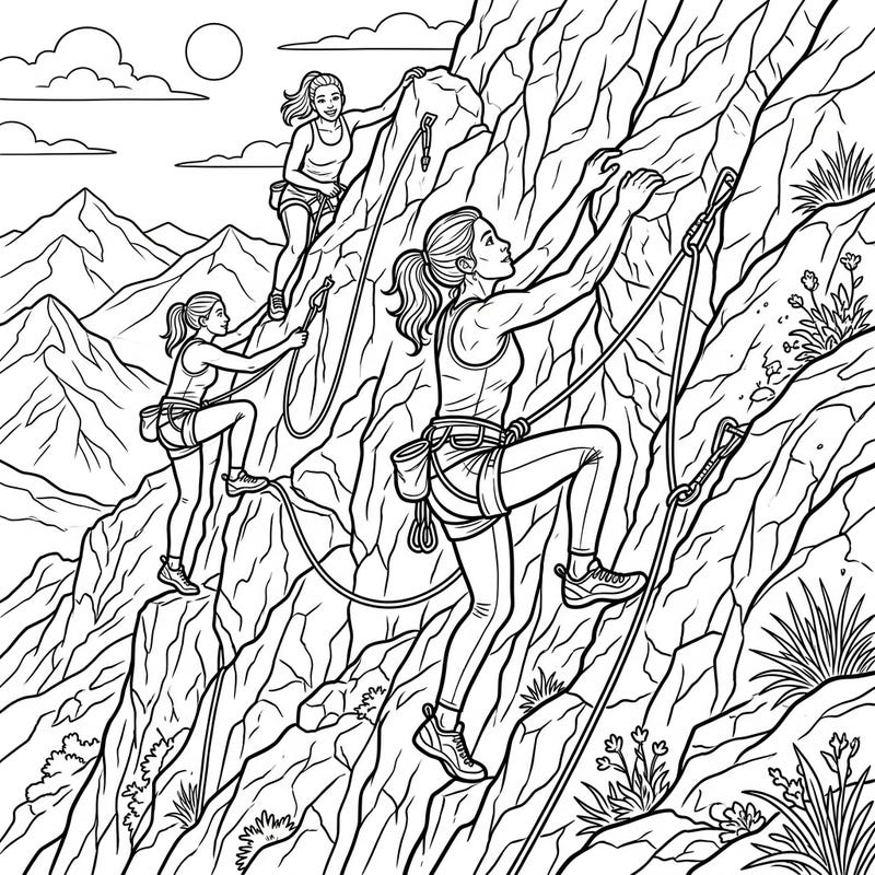 Celebrate the power and grace of women scaling mountains with this inspiring coloring page. Featuring three determined female climbers, it's a dynamic scene ready for your artistic touch.